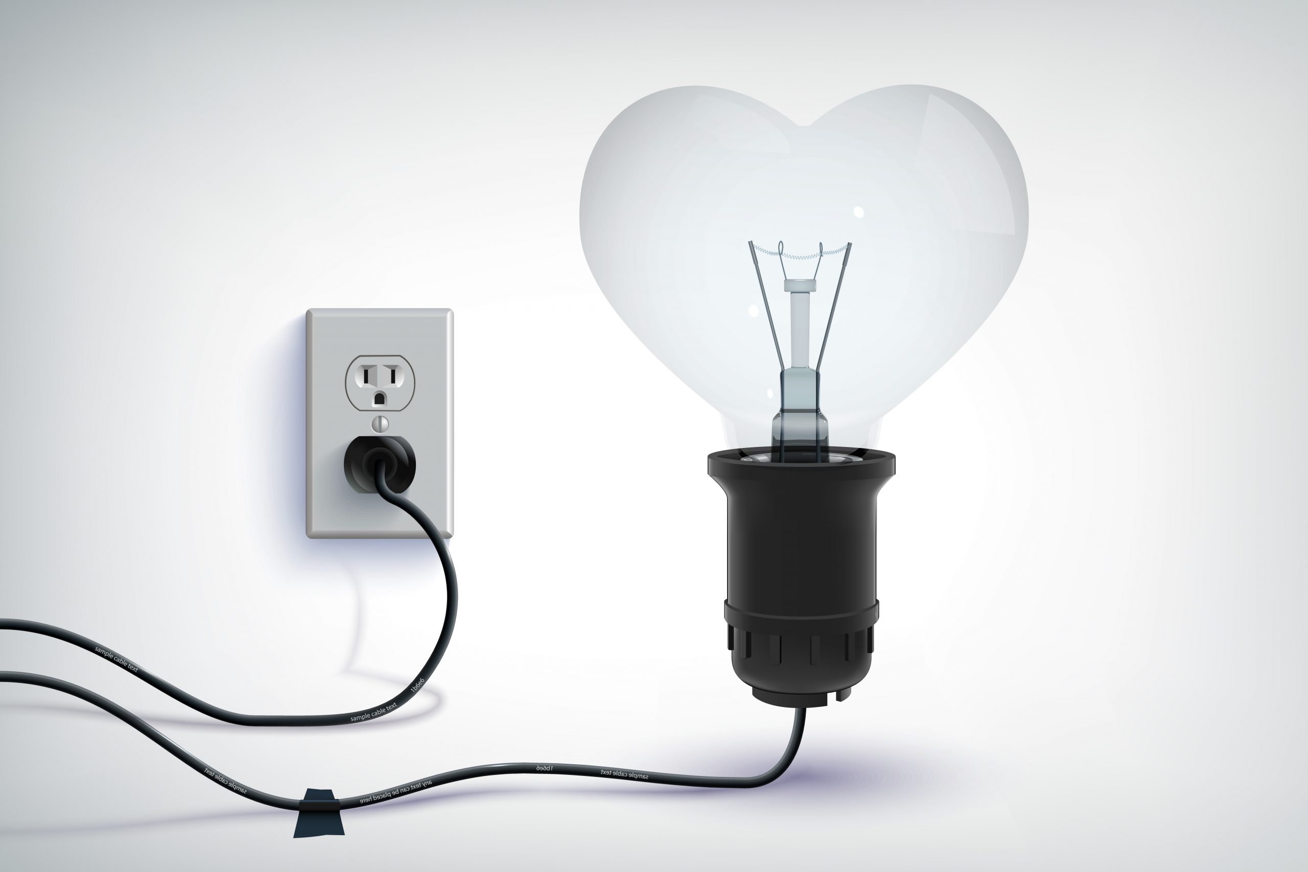 Realistic romantic concept of realistic wired light bulb in heart shape with plug in socket isolated vector illustration